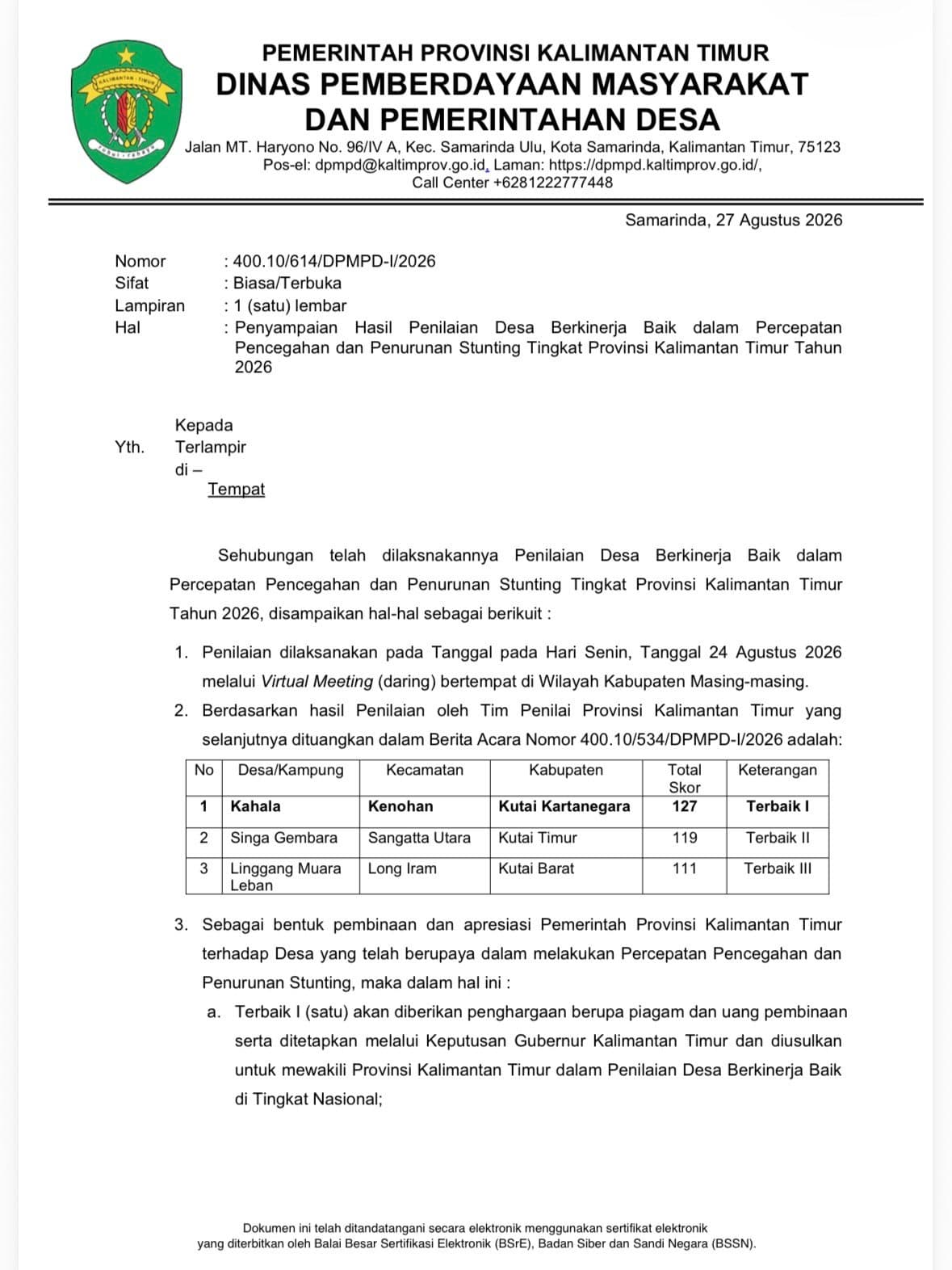Desa Singa Gembara Terbaik Kedua Penilaian Penanganan Stunting Kaltim