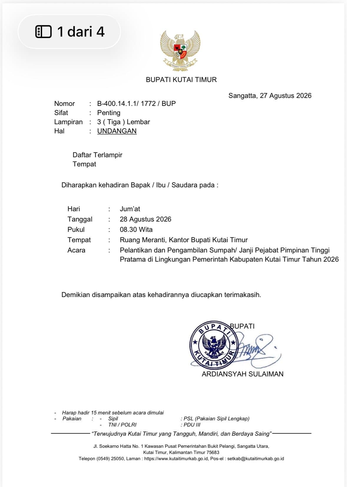 Pagi Ini, Bupati Kutim Kembali Lantik Pejabat Pimpinan Tinggi Pratama