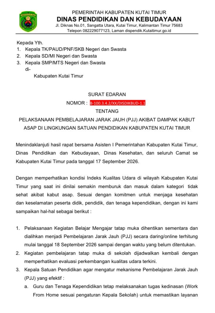 Asap Tebal, Sekolah di Kutim Beralih ke Pembelajaran Jarak Jauh