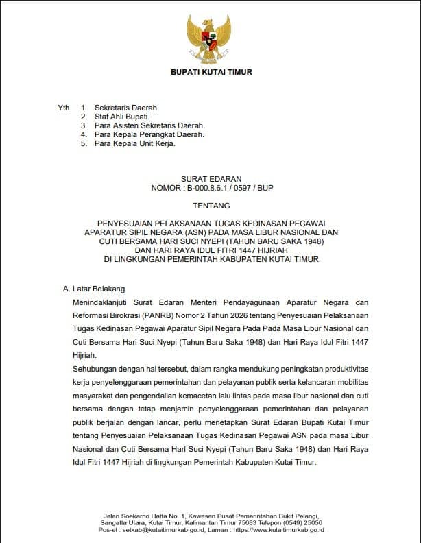 Ini Edaran Bupati Kutim Terkait WFA ASN