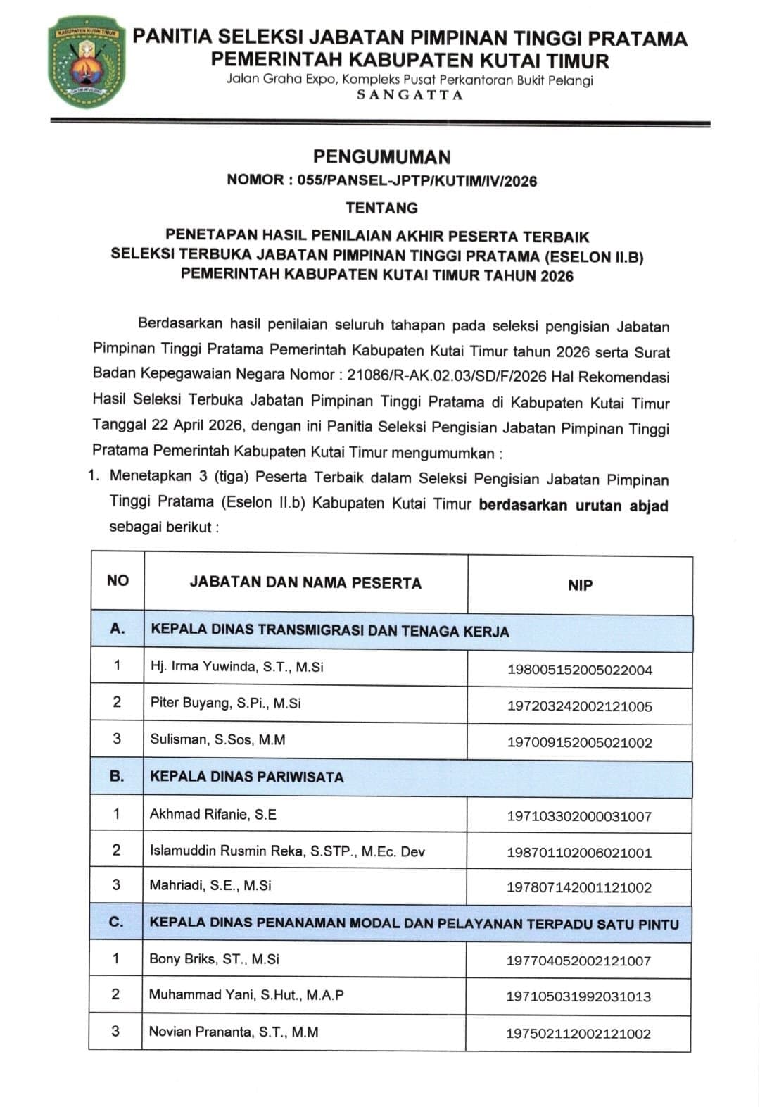 Ini Tiga Besar Calon Pimpinan Tinggi Pratama Empat Perangkat Daerah Kutim