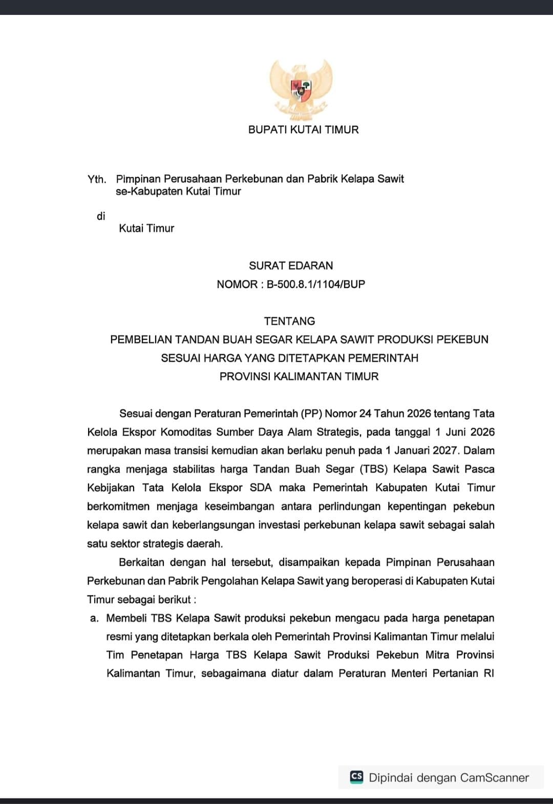 Bupati Kutim Terbitkan Edaran, Perusahaan Sawit Diminta Ikuti Harga Resmi TBS
