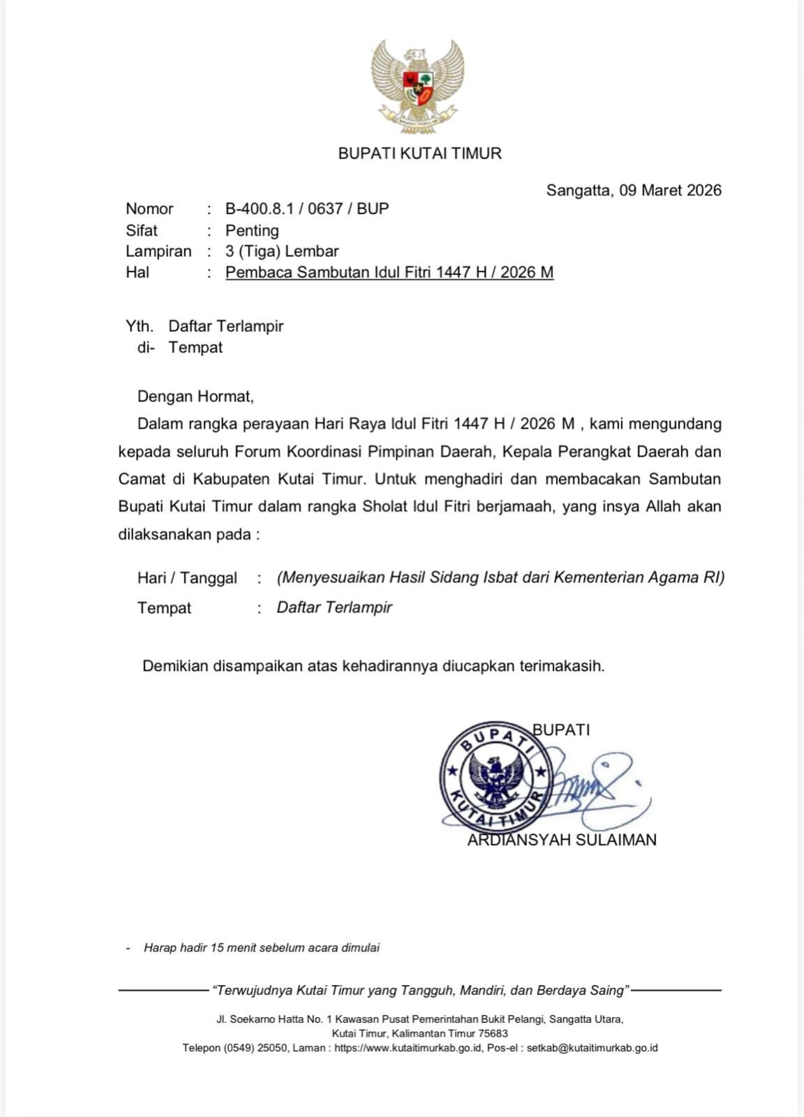 Puluhan Pejabat Kutim Dijadwalkan Bacakan Sambutan Bupati pada Salat Idulfitri