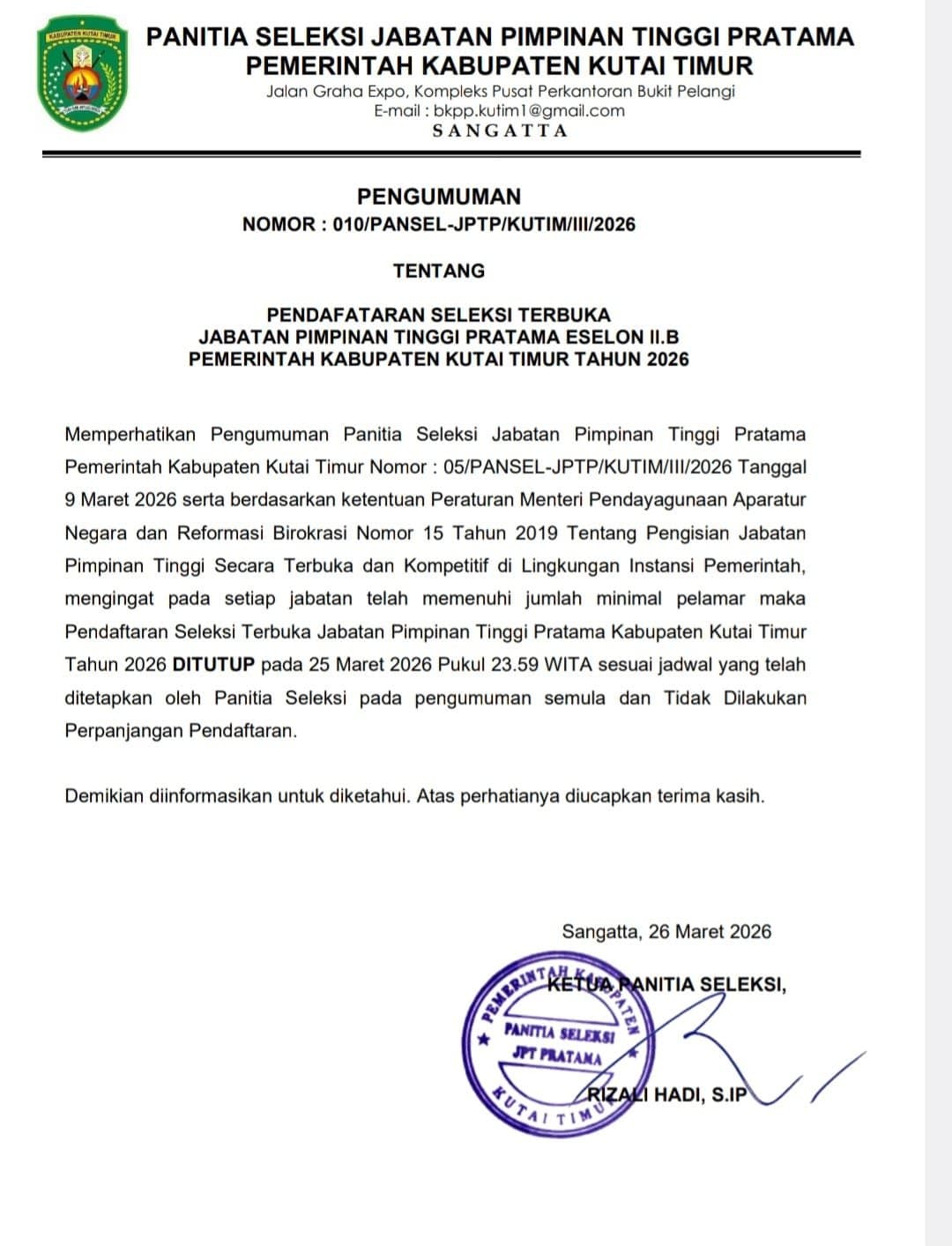 Pendaftaran Seleksi JPT Pratama Kutim Ditutup, Pansel Lanjutkan Tahap Verifikasi