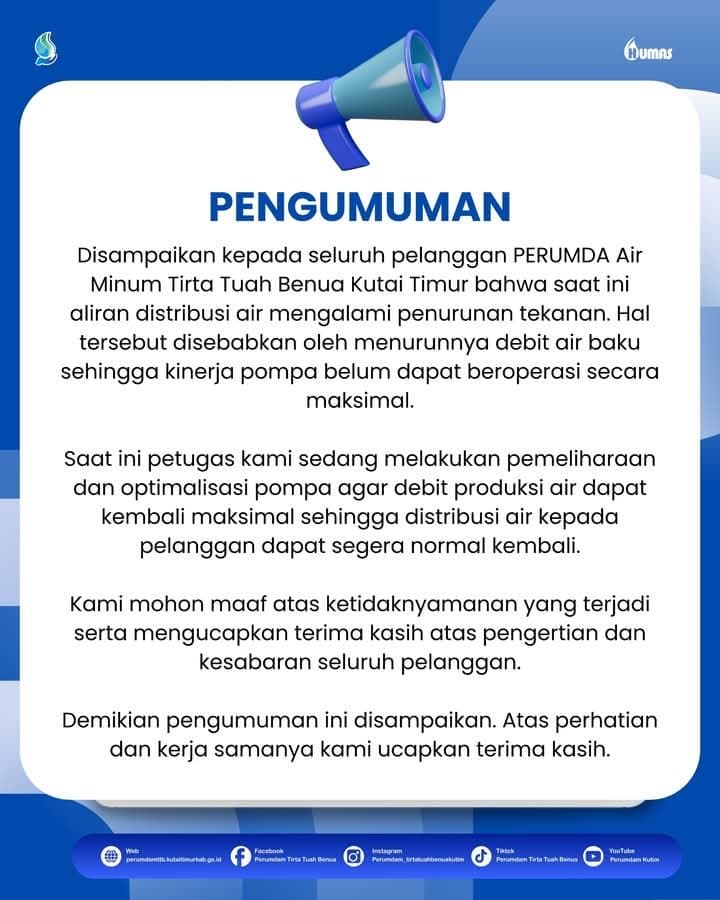 Tekanan Air Menurun, Perumdam TTB-Kutim Terbitkan Pengumuman, Warga Diminta Bersabar